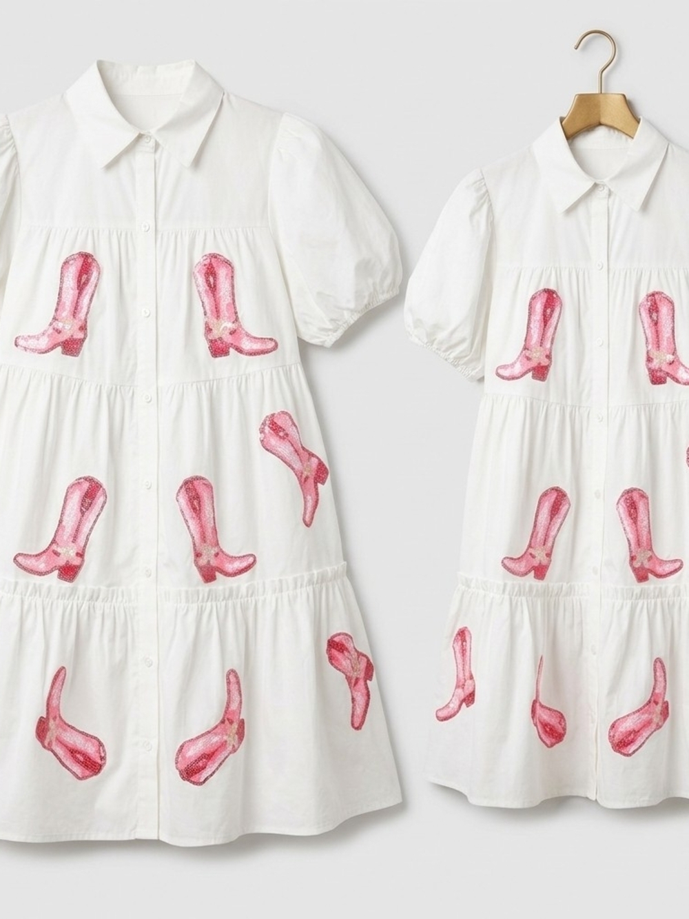 Peach Love California White Button Tiered Dress with Pink Sequin Boot Motif - Picture 2 of 5